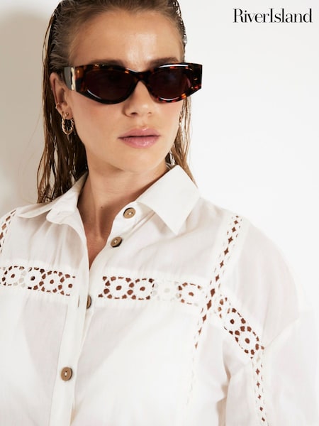 River Island White Lace Insert 100% Cotton Shirt (F53917) | £36