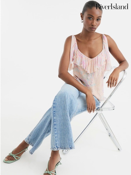 River Island Pink Ruffle Embellished Printed Cami (F53972) | £46
