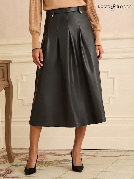 Love & Roses Black Tab Detail Fit and Flare Faux Leather Midi Skirt (F53988) | £49
