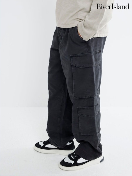 River Island Black Loose Cargo 100% Cotton Trousers (F54019) | £50