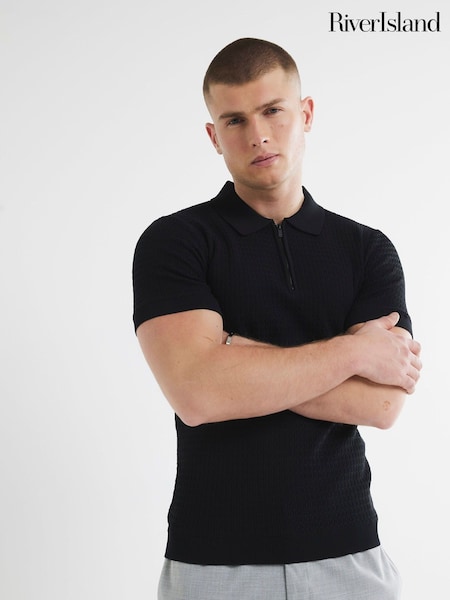 River Island Black Muscle Fit Textured Polo Shirt (F54032) | £30