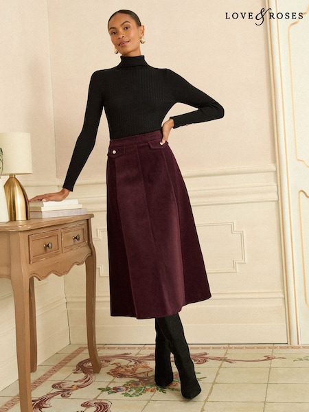 Love & Roses Cherry Red Pocket Detail Corduroy Midi Skirt (F54122) | £50