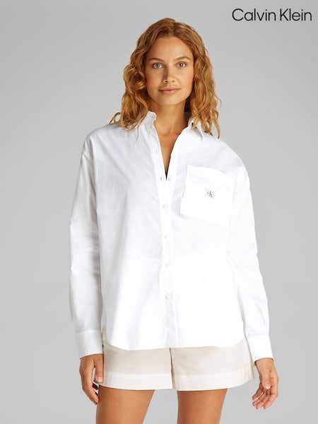 Calvin Klein White Ecru Relaxed 100% Cotton Long Sleeve Shirt (F54395) | £85
