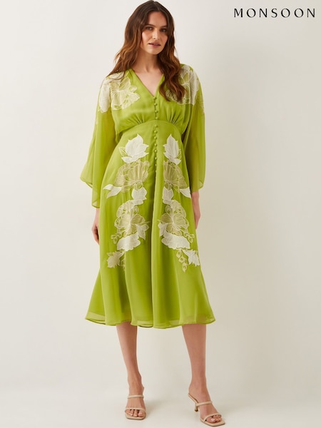 Monsoon Green Tilly Floral Print Embroidered Midi Dress (F54727) | £160