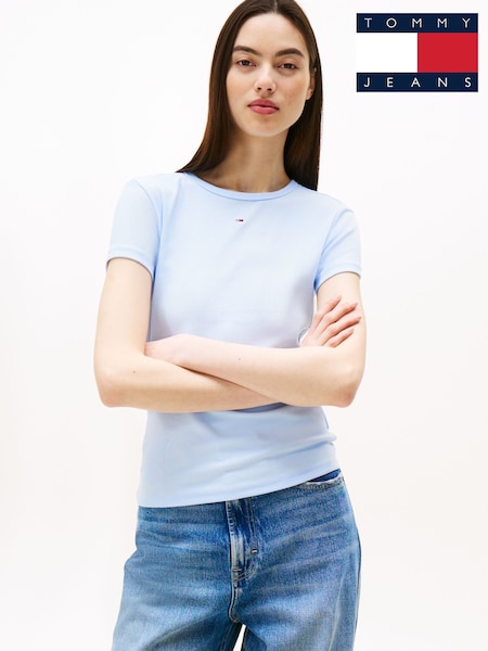 Tommy Jeans Blue Essential Slim Ribbed Short Sleeve T-Shirt (F54743) | £30
