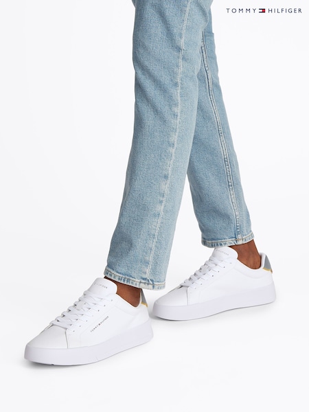 Tommy Hilfiger White Chrome Court Essential Leather Trainers (F54784) | £90