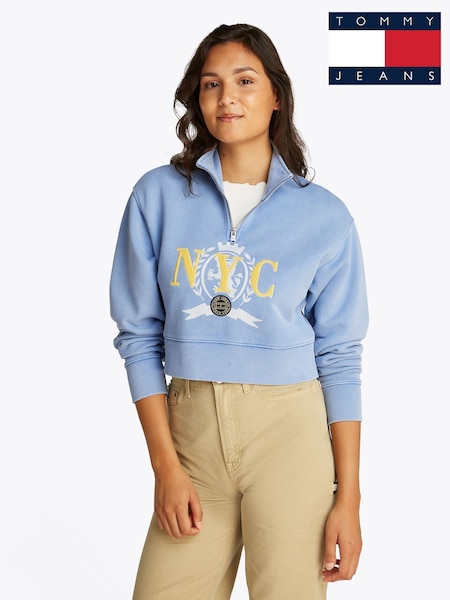 Tommy Jeans Light Blue Boxy Cropped Varsity 100% Cotton Sweat Top (F54796) | £110