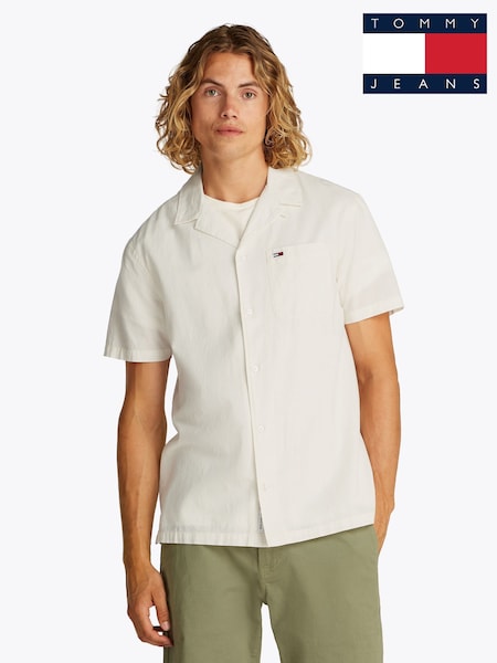 Tommy Jeans White Linen Blend Short Sleeve Shirt (F54802) | £55