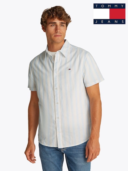Tommy Jeans Blue Regular Fit Linen Blend Stripe Short Sleeve Shirt (F54817) | £60