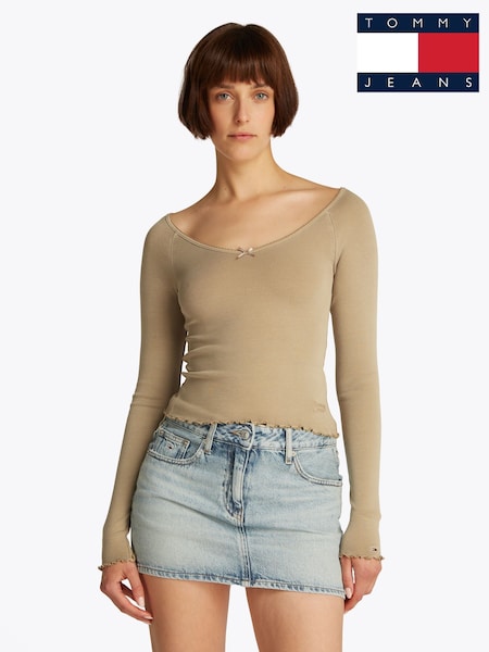 Tommy Jeans Brown Slim Rib V-Neck Long Sleeve T-Shirt (F54845) | £35