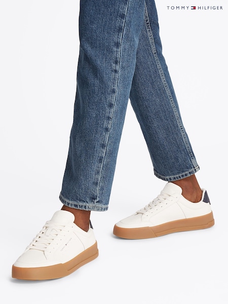 Tommy Hilfiger White & Brown Court Essential Leather Trainers (F54850) | £100