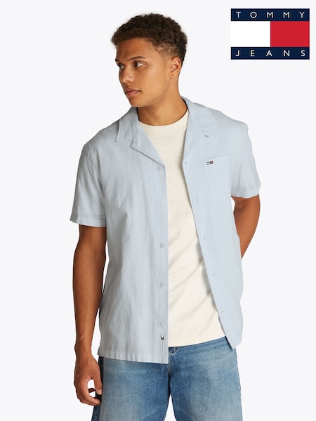 Tommy Jeans Blue Linen Blend Short Sleeve Shirt (F54857) | £55