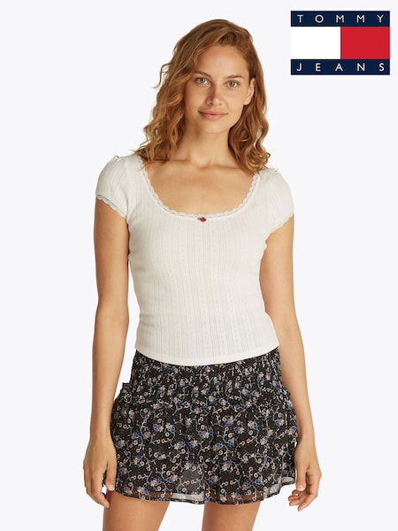 Tommy Jeans White Slim Pointelle Short Sleeve 100% Cotton T-Shirt (F54862) | £35