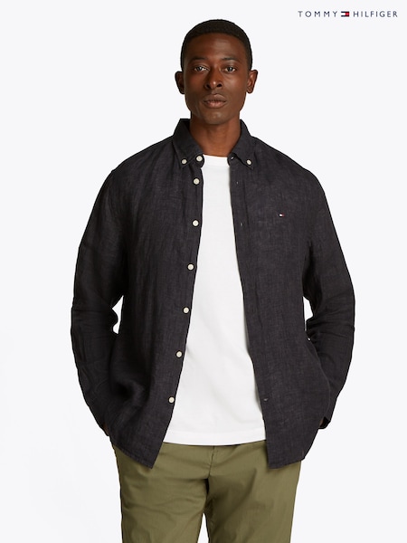 Tommy Hilfiger Black Regular Fit Essential Stripe 100% Linen Shirt (F54999) | £100