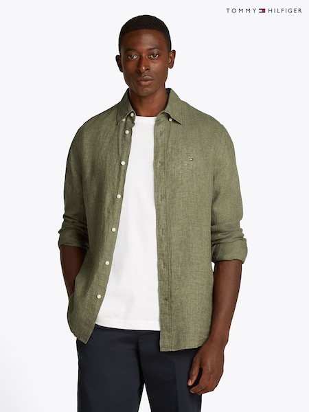 Tommy Hilfiger Green Regular Fit Essential Stripe 100% Linen Shirt (F55008) | £100