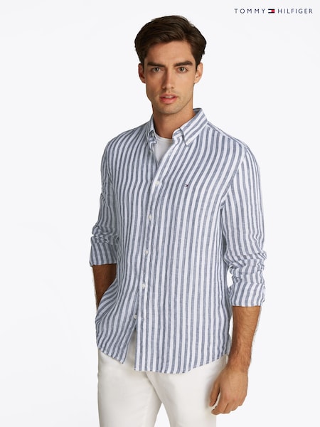 Tommy Hilfiger Blue Regular Fit Essential Stripe 100% Linen Shirt (F55017) | £100