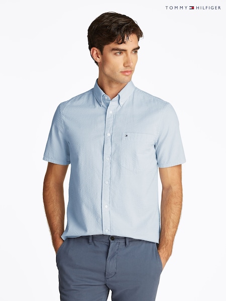 Tommy Hilfiger Blue Regular Fit Seersucker Short Sleeve 100% Cotton Shirt (F55023) | £85
