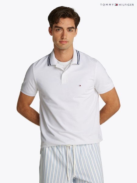 Tommy Hilfiger White Regular Fit Performance Zip Short Sleeve Polo Shirt (F55027) | £90