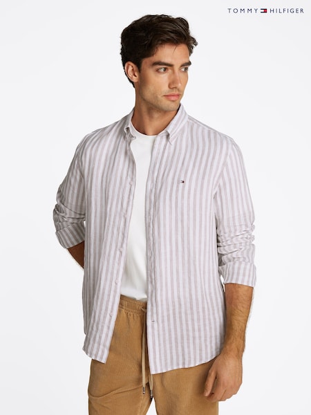 Tommy Hilfiger White Regular Fit Essential Stripe 100% Linen Shirt (F55041) | £100