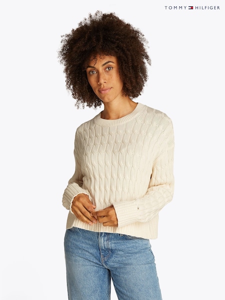 Tommy Hilfiger Cream Soft 100% Cotton Cable Crew Neck Jumper (F55106) | £140