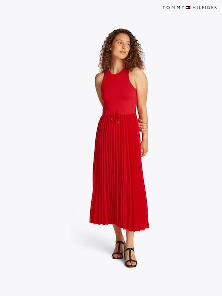 Tommy Hilfiger Red Rib Pleated Sleeveless Midi Flare Dress (F55115) | £150