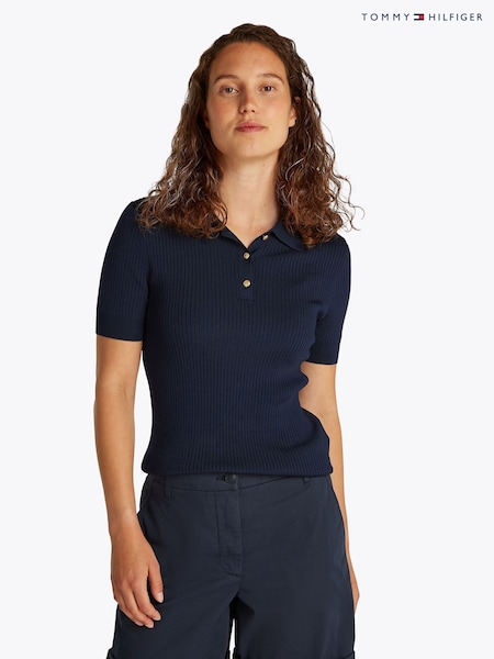 Tommy Hilfiger Blue Slim Rib Button Polo Short Sleeve Jumper (F55125) | £140