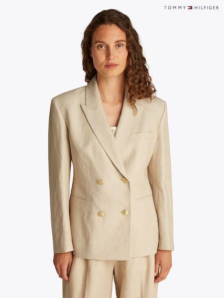Tommy Hilfiger Cream Slim Linen Mix Double Breasted Blazer (F55141) | £270