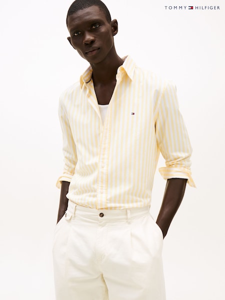 Tommy Hilfiger Cream Regular Fit Flex Poplin Stripe 100% Cotton Shirt (F55145) | £85