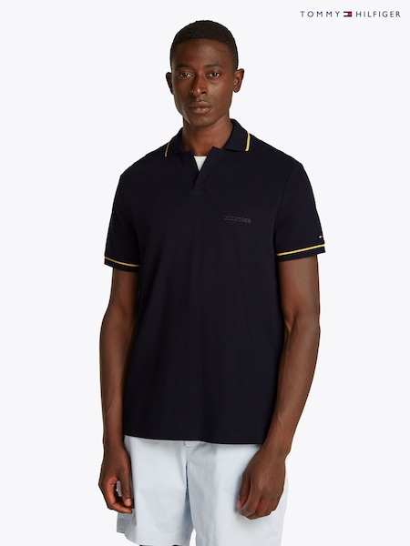 Tommy Hilfiger Blue Open Collar Tipped Short Sleeve 100% Cotton Polo Shirt (F55147) | £85