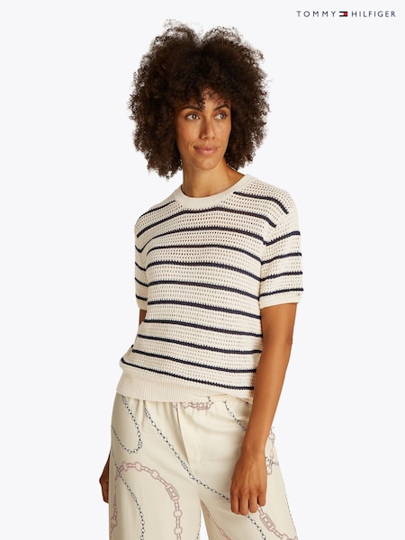 Tommy Hilfiger Blue Pointelle Crochet Crew Neck Short Sleeve Jumper (F55228) | £120