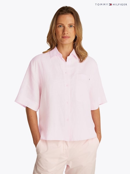 Tommy Hilfiger Pink Linen Short Sleeve 100% Linen Shirt (F55229) | £110