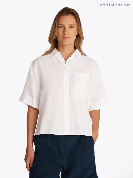 Tommy Hilfiger White Linen Short Sleeve 100% Linen Shirt (F55252) | £110