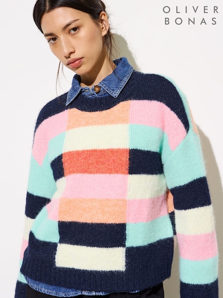 Oliver Bonas Blue Colour Block Knitted Jumper (F55921) | £60