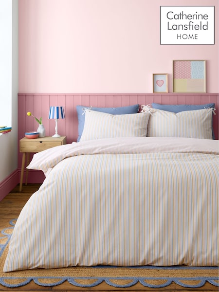 Catherine Lansfield Pastel Brighton Stripe Bow Trim Duvet Cover Set (F55989) | £18 - £30