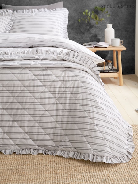 Style Sisters Black White Frill Stripe Cotton Bedspread (F56047) | £90