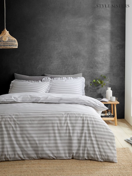 Style Sisters Black  White Frill Stripe Cotton Duvet Cover Set (F56053) | £35 - £65