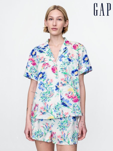Gap White/Blue Floral Short Sleeve Poplin Pyjama Shirt (F56137) | £17