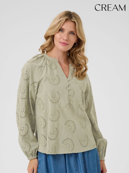 Cream Green CRDelia V-Neck Long Sleeve 100% Cotton Blouse (F56306) | £65