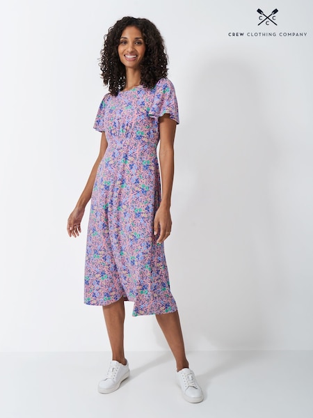 Crew Clothing Company Blue Jenna Floral Flutter Jersey Dress (F56397) | £65