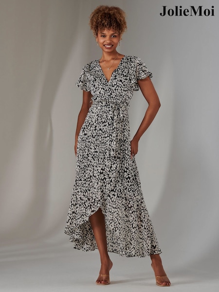 Jolie Moi Black Chiffon Print Frill Dip Hem Maxi Dress (F56467) | £75