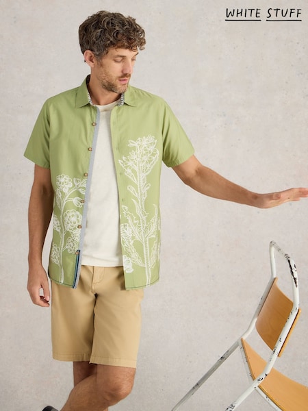 White Stuff Green Floral Border Short Sleeve Printed 100% Organic Cotton Shirt (F56502) | £45