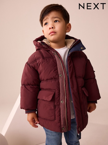 Burgundy Red Borg Lined Padded Coat (3mths-7yrs) (F56579) | £28 - £32