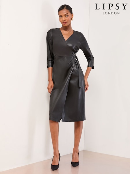 Lipsy Black Faux Leather Petite Wrap Midi Dress (F56674) | £65
