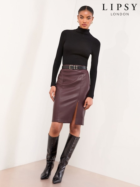 Lipsy Burgundy Red Faux Leather Petite Side Split Midi Skirt (F56678) | £43