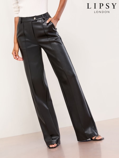 Lipsy Black Faux Leather Petite Pintuck Tailored Wide Leg Trousers (F56681) | £49