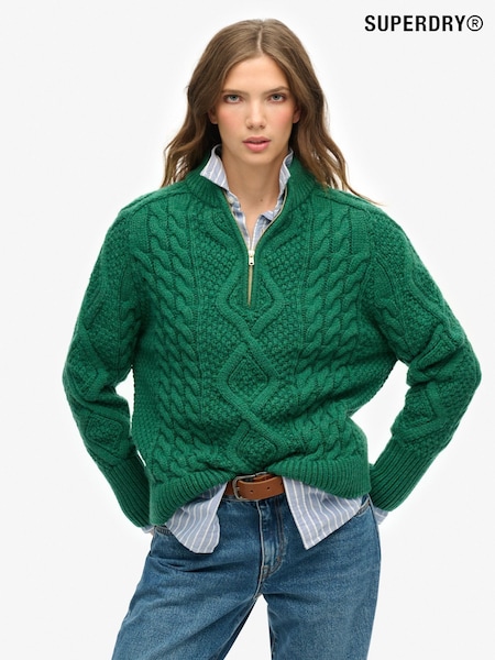 Superdry Green Aran Cable Knit Half Zip Jumper (F56705) | £60
