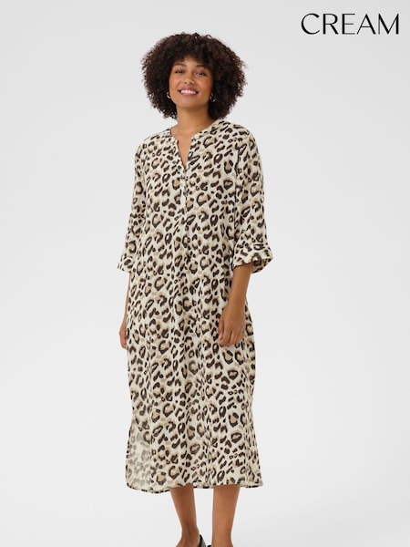 Cream Leopard 100% Linen Maxi Cream Shirt Dress (F56774) | £80