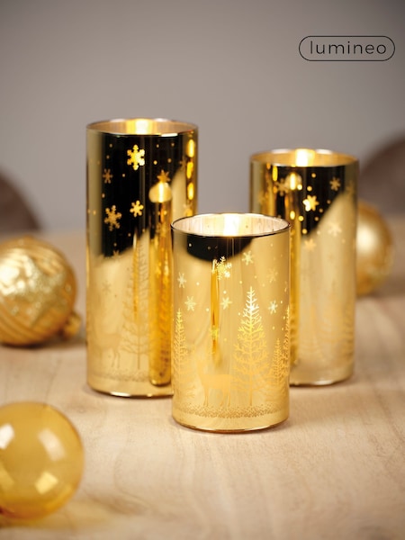 Lumineo Set of 3 Gold Tone Etched Glass Christmas Design LED Candles (F56795) | £22