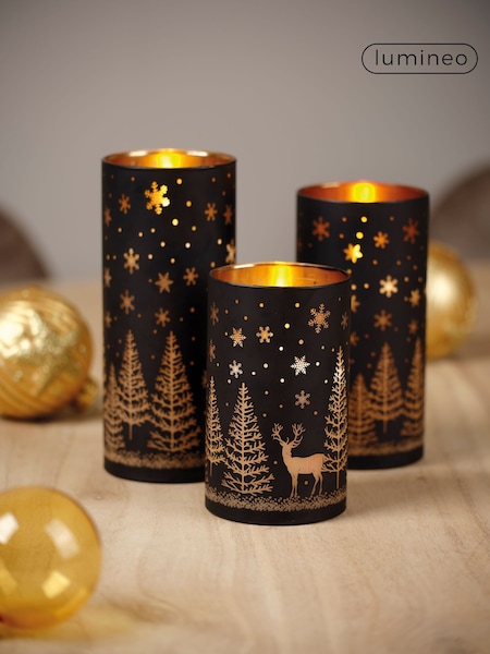 Lumineo Set of 3 Black Etched Glass Christmas Design LED Candles (F56798) | £22