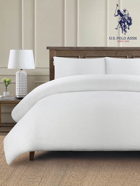 U.S. Polo Assn. Bright White Pure Cotton Classic Seersucker Duvet Set (F56849) | £85 - £140